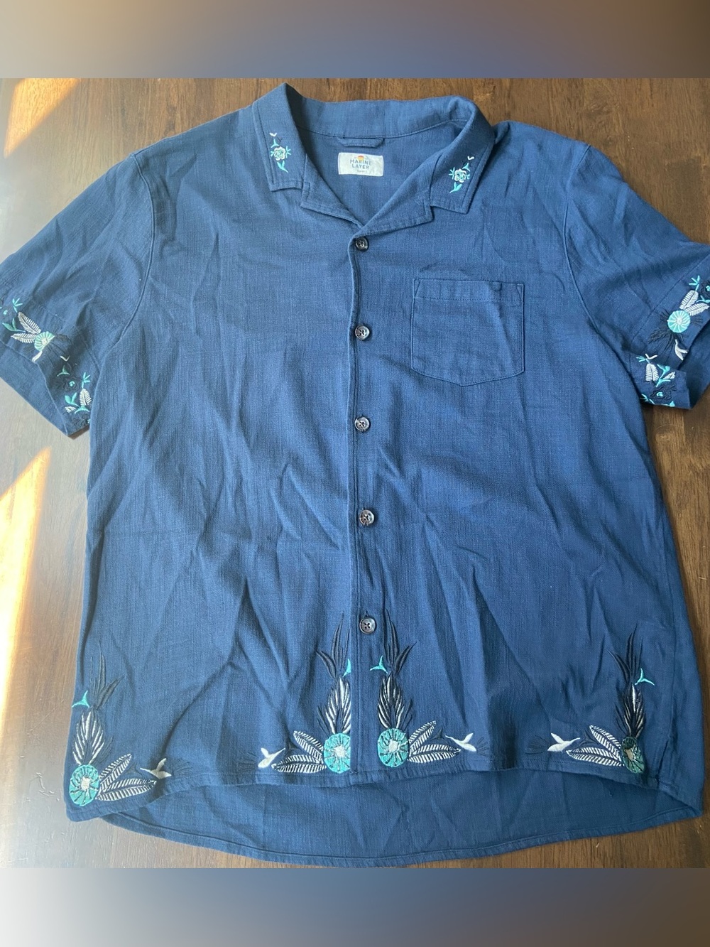 Marine Layer Embroidered Resort Shirt Mens Large Blue Floral Short Sleeve Button